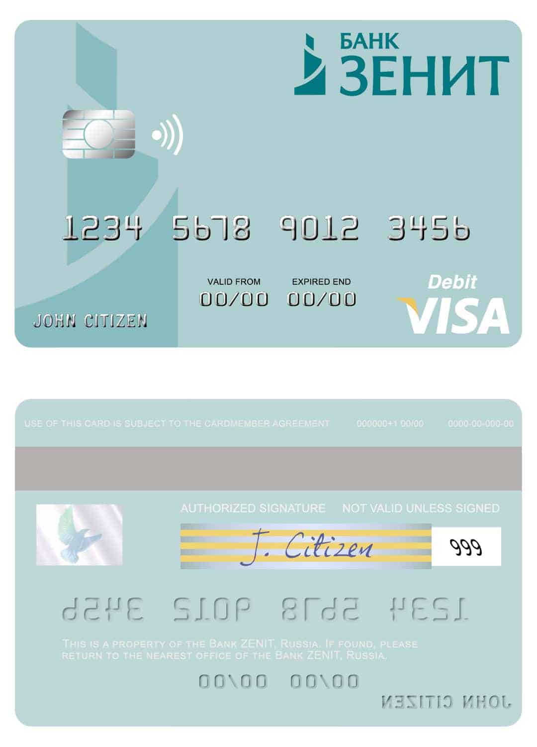 Editable Russia Bank ZENIT visa debit card Templates Editable Russia Bank ZENIT visa debit card Templates