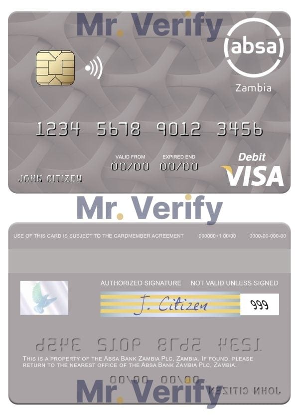 Editable Zambia Absa Bank Zambia Plc visa debit card Templates in PSD Format