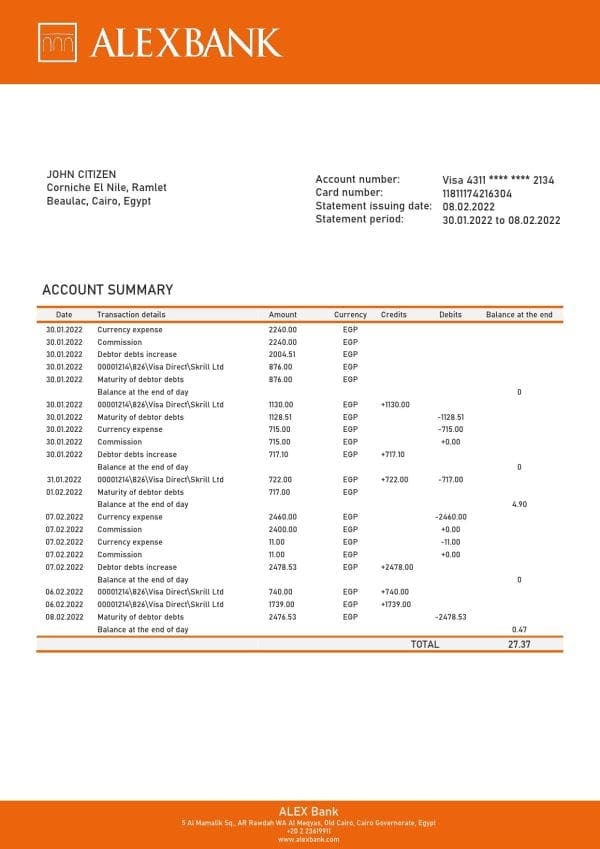 Egypt Alex Bank of Egypt proof of address bank statement template in Word and PDF format