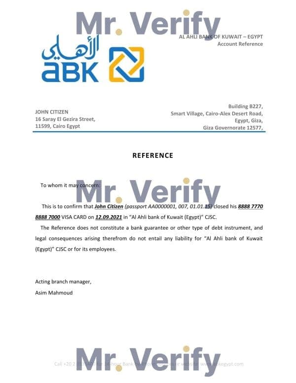 Egypt Al Ahli Bank of Kuwait bank account closure reference letter template in Word and PDF format
