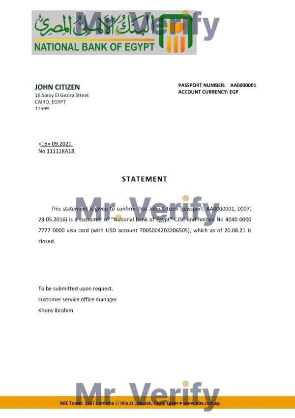 Egypt National Bank of Egypt bank account closure reference template in Word and PDF format (.doc and .pdf)