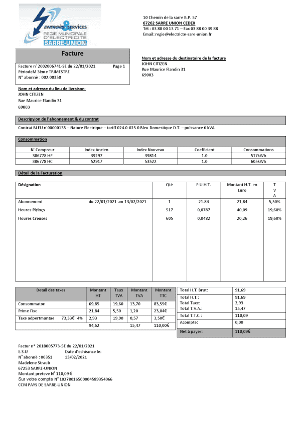 Energy.png France Energies & Services Régie Municipal d’ Electricité Sarre-Union Electricity Utility Bill Template