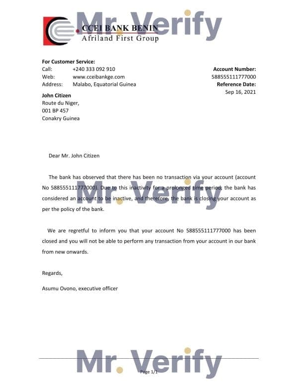 Equatorial Guinea CCEI Bank Benin bank account closure reference letter template in Word and PDF format