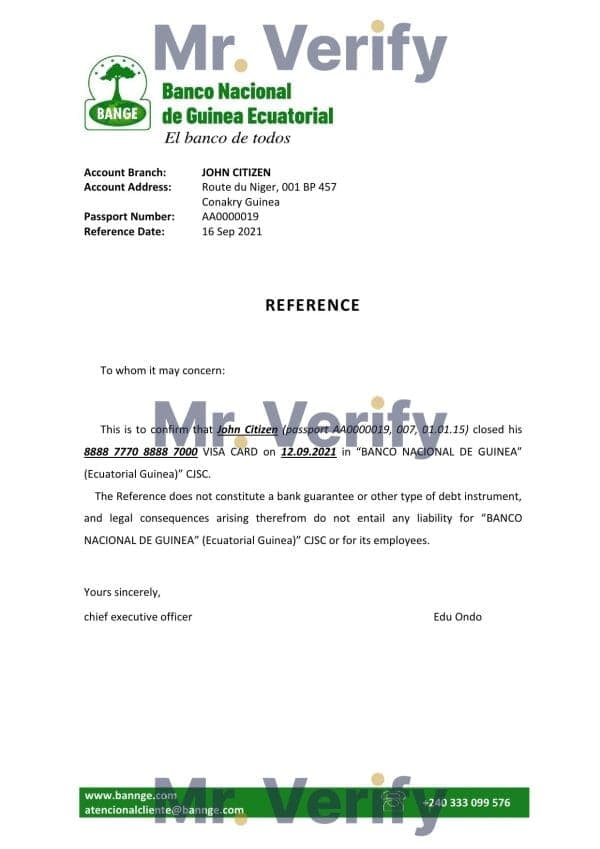 Equatorial Guinea The National Bank bank account closure reference letter template in Word and PDF format