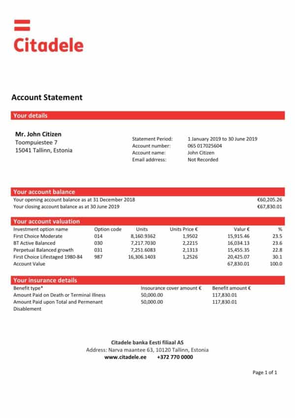 Estonia Citadele banka Eesti filiaal AS proof of address statement template in Word and PDF format, .doc and .pdf format