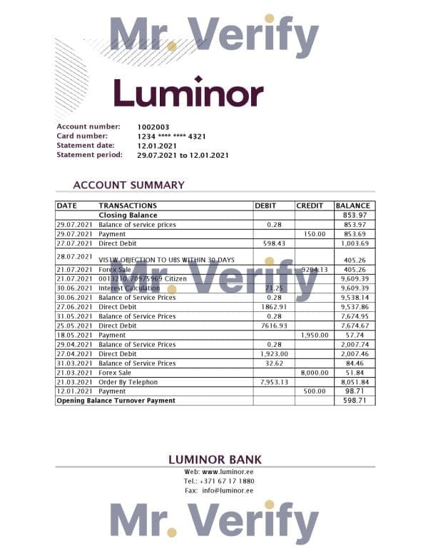 Estonia Luminor Bank Statement Easy to Fill Template in .xls and .pdf File Format