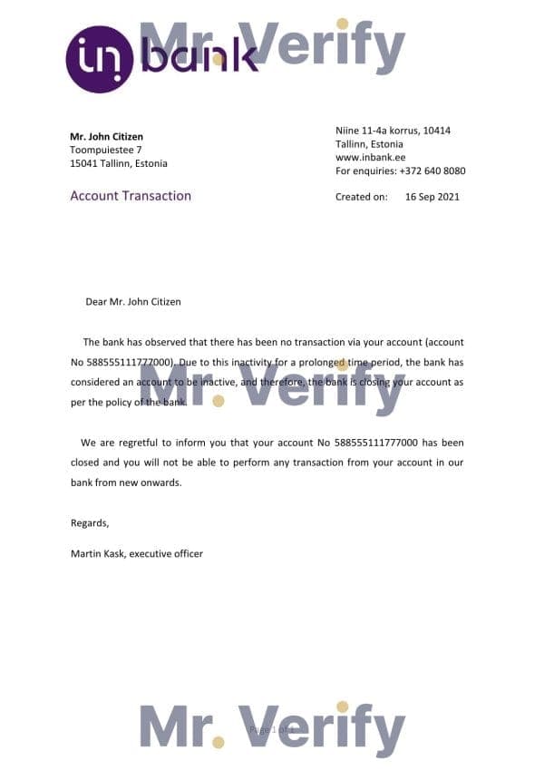 Estonia Inbank bank account closure reference letter template in Word and PDF format
