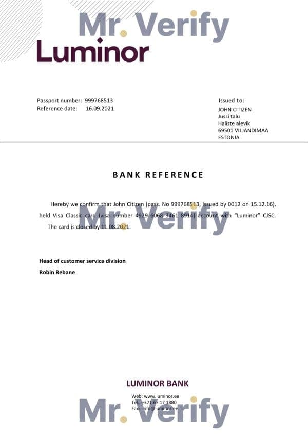 Estonia Luminor Bank template of bank account closure reference letter, Word and PDF format (.doc and .pdf)