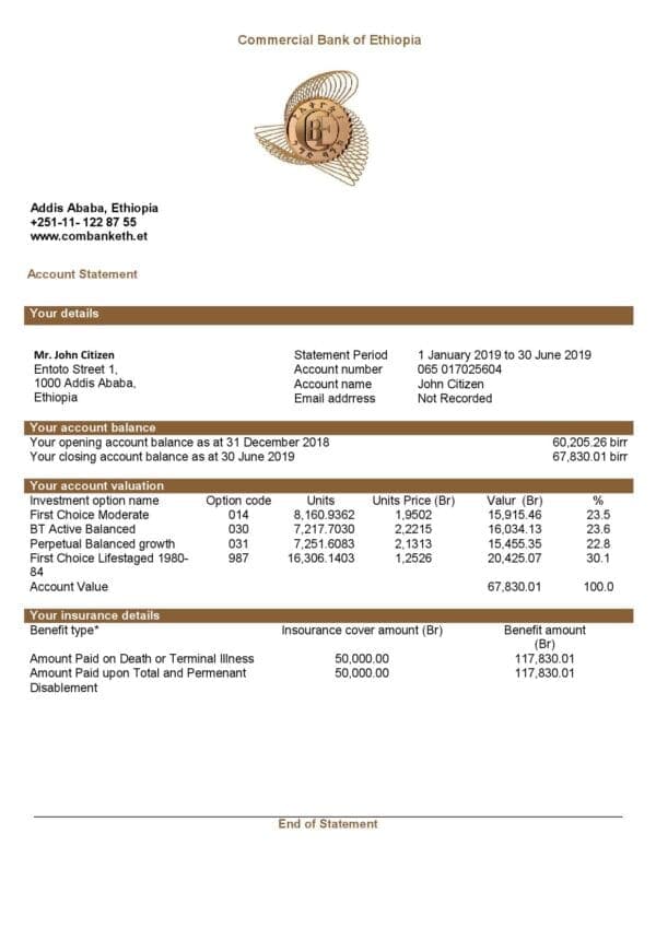 Ethiopia Commercial Bank of Ethiopia bank statement template in Word and PDF format, good for address prove