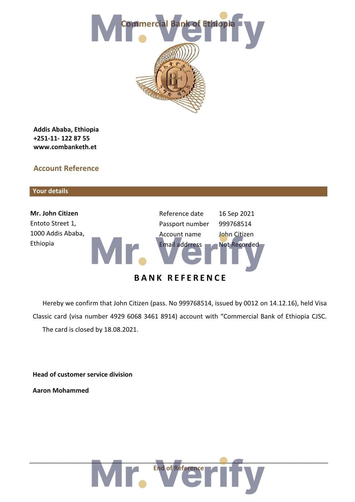 Ethiopia Commercial Bank bank reference letter, Word and PDF format (.doc and .pdf) Ethiopia Commercial Bank bank reference letter, Word and PDF format (.doc and .pdf)