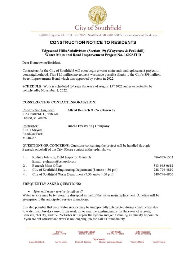 Executive-Construction-Notice.jpg USA Michigan City of Southfield utility water and construction shut off notice, Word and PDF template, 3 pages