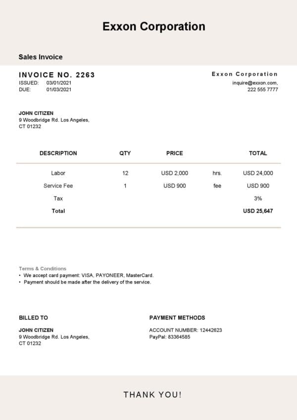 USA Exxon Corporation invoice template in Word and PDF format, fully editable