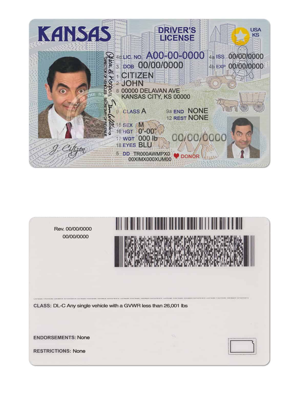 Fake USA Kansas Driver License Template Fake USA Kansas Driver License Template
