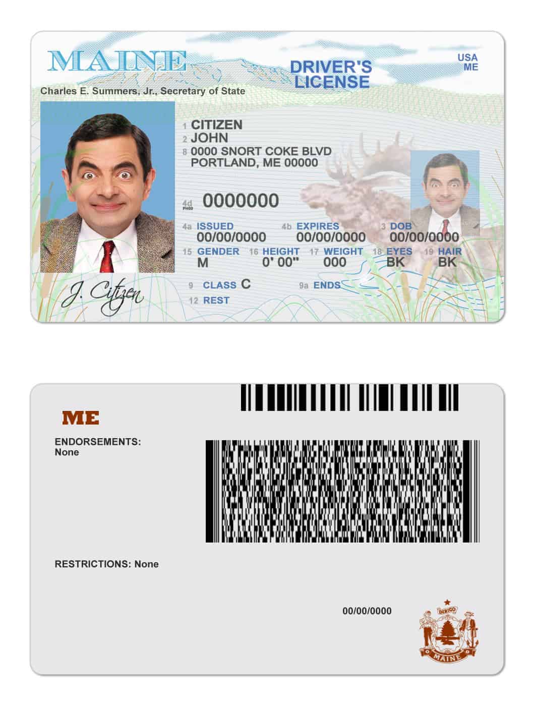 Fake USA Maine state Driver License Template Fake USA Maine state Driver License Template