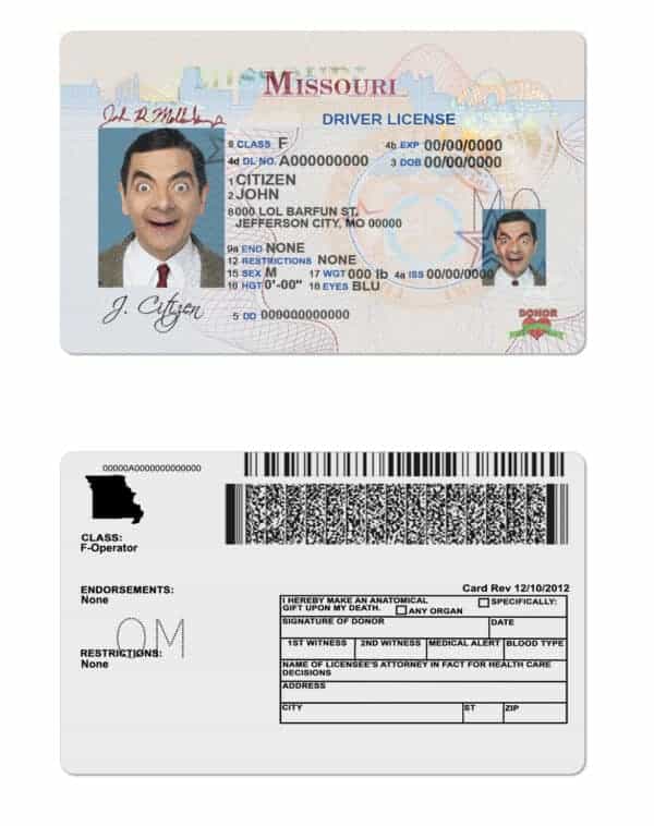Fake USA Missouri Driver License Template Fake USA Missouri Driver License Template