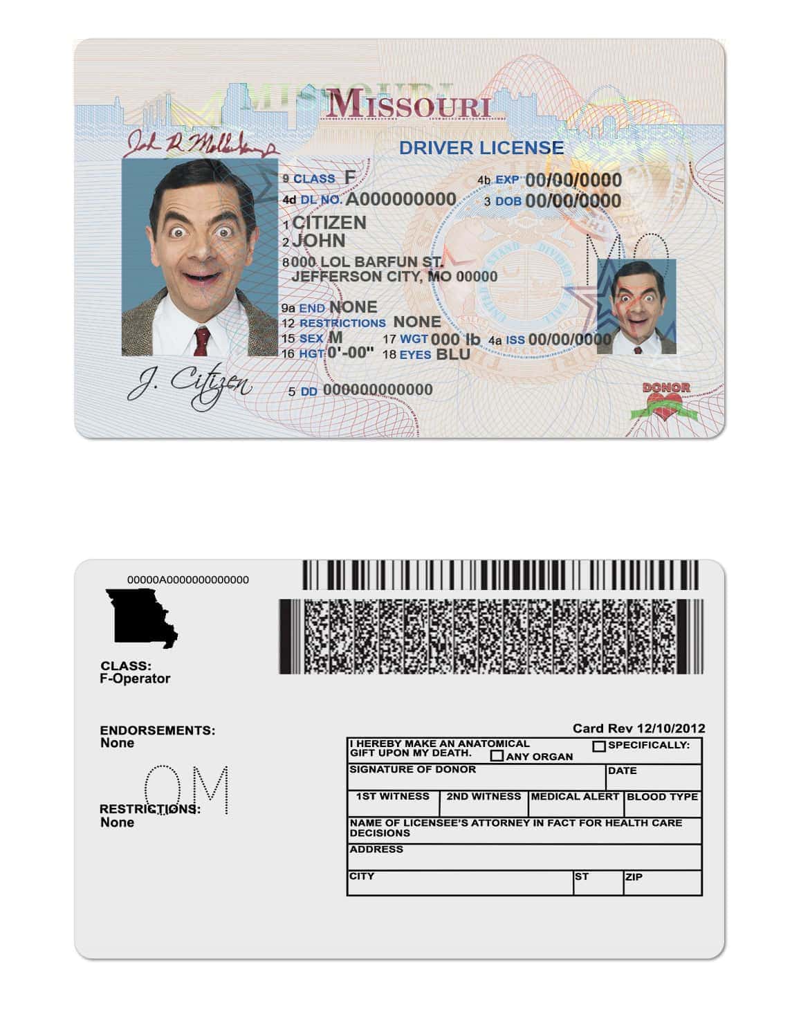 Fake USA Missouri Driver License Template Fake USA Missouri Driver License Template