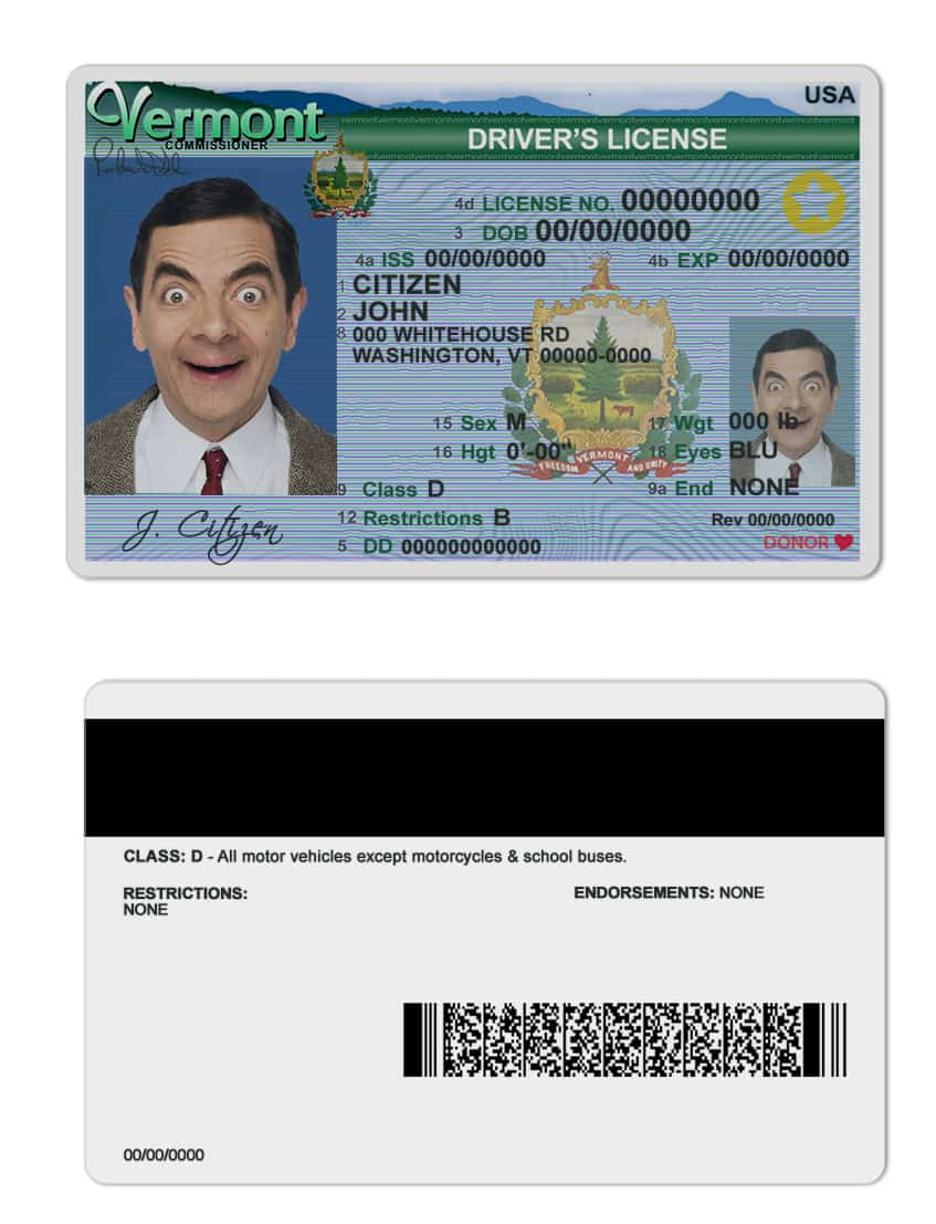Fake USA Vermont Driver License Template Fake USA Vermont Driver License Template