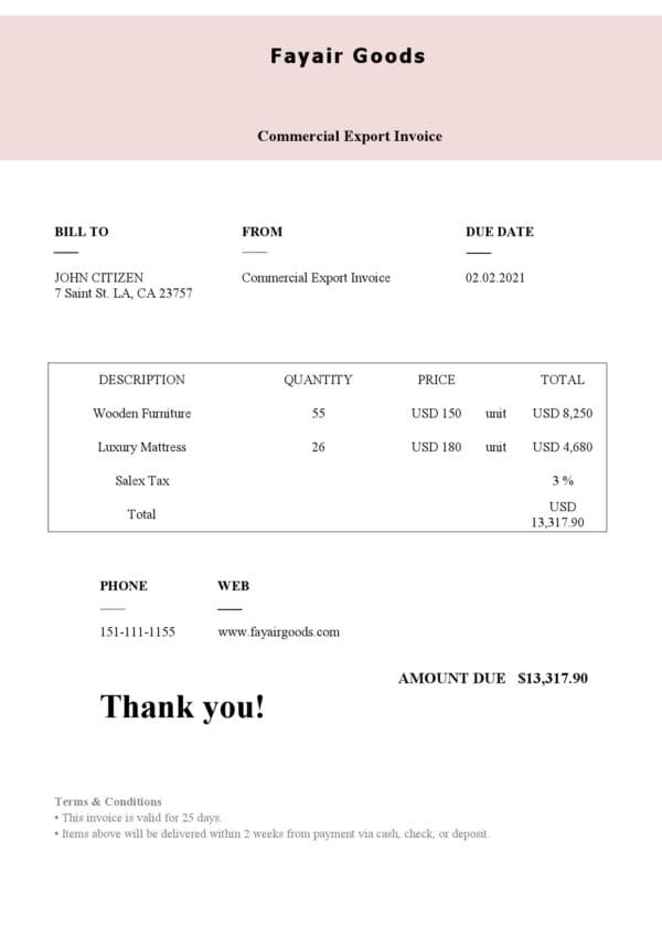 USA Fayair Goods invoice template in Word and PDF format, fully editable