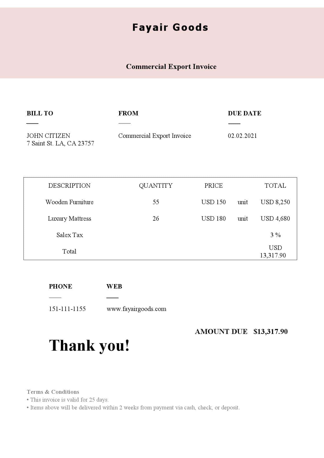 USA Fayair Goods invoice template in Word and PDF format, fully editable USA Fayair Goods invoice template in Word and PDF format, fully editable
