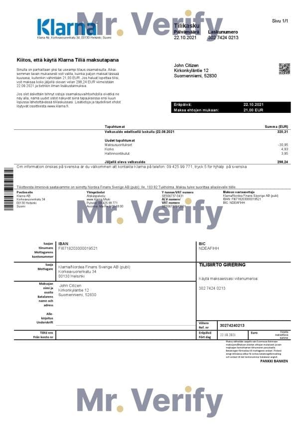 Finland-Klarna-bank-s.jpg Finland Klarna Bank statement template in Word and PDF format, in Finnish language