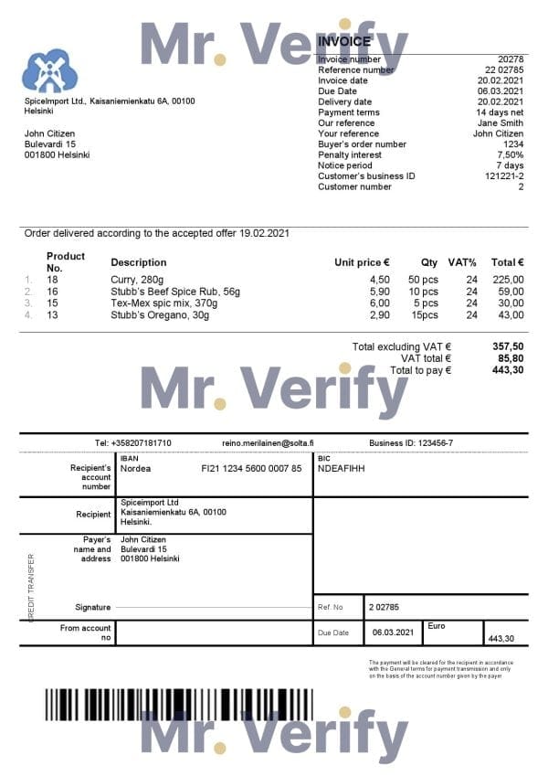 Finland SpiceImport Ltd invoice template in Word and PDF format, fully editable Finland SpiceImport Ltd invoice template in Word and PDF format, fully editable