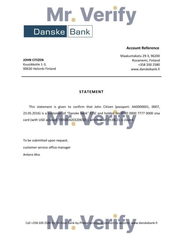 Finland Danske bank account closure reference letter template in Word and PDF format