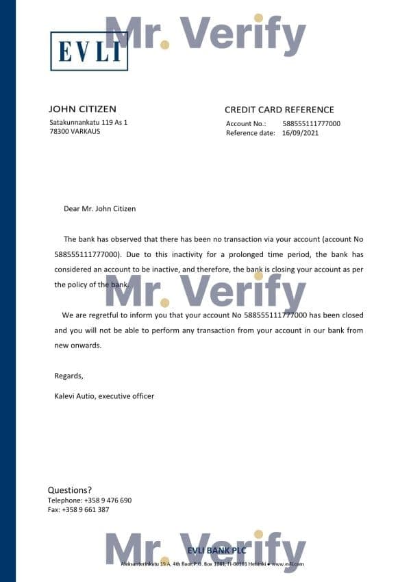 Finland Evli bank account closure reference letter template in Word and PDF format