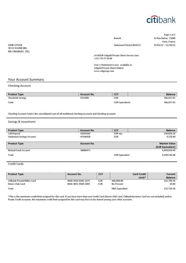 France-Citibank-doc_000001.jpg France Citibank bank statement template in Word and PDF format
