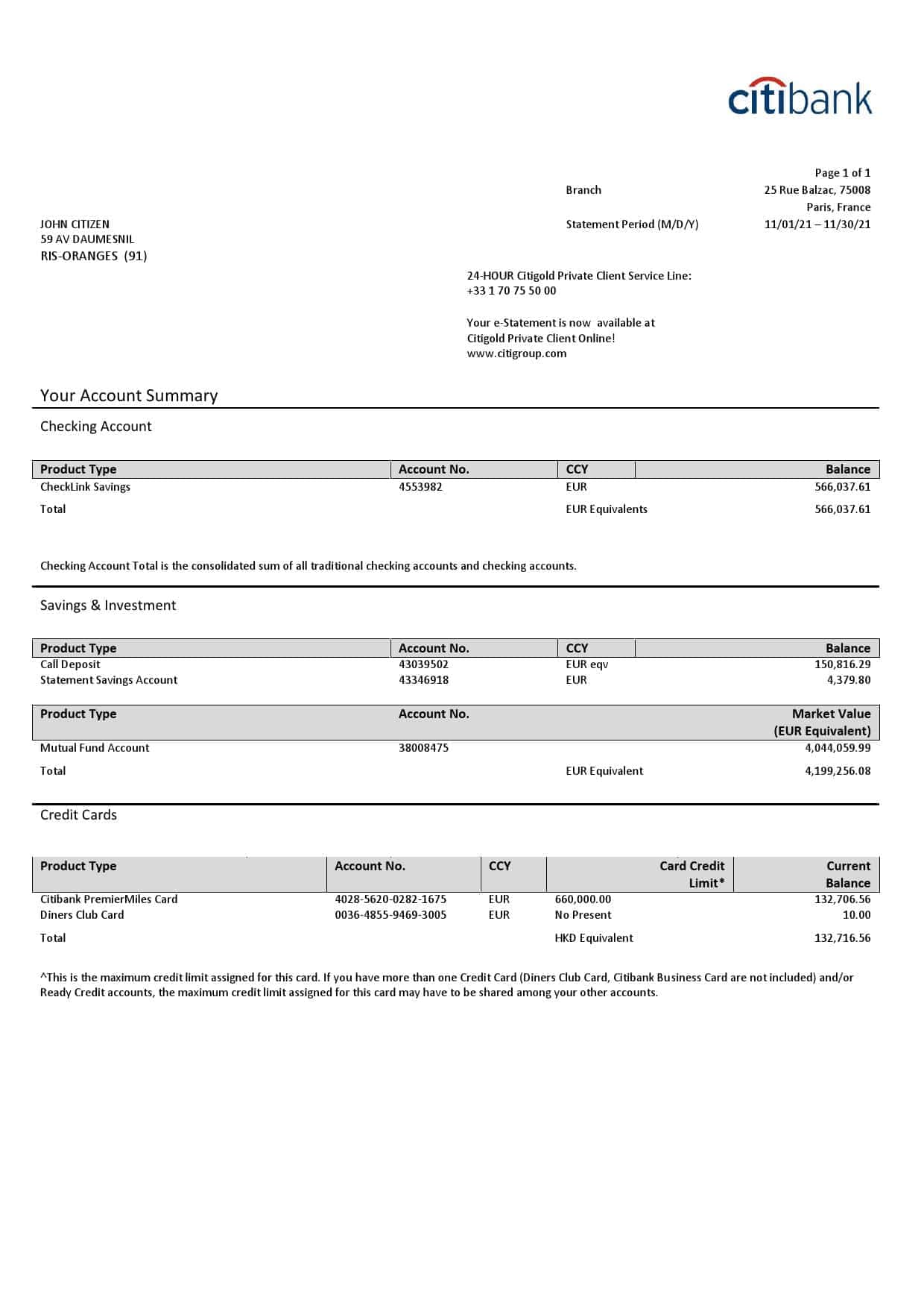 France-Citibank-doc_000001.jpg France Citibank bank statement template in Word and PDF format