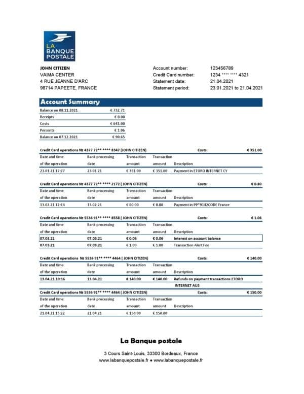 France La Banque Postale bank statement easy to fill template in .xls and .pdf file format