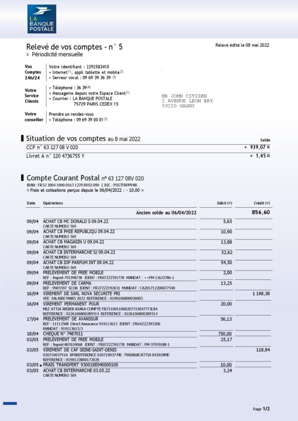 France-La-Banque-postale-bank-statement-3-pages_000001.jpg France La Banque Postale bank statement Word and PDF template, 3 pages