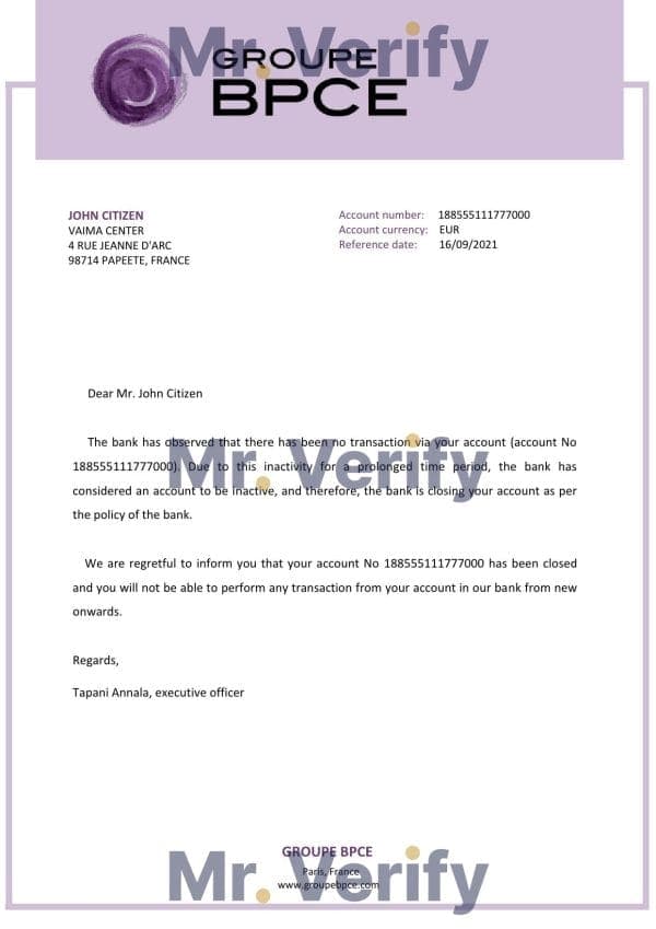France Groupe BPCE bank account closure reference letter template in Word and PDF format