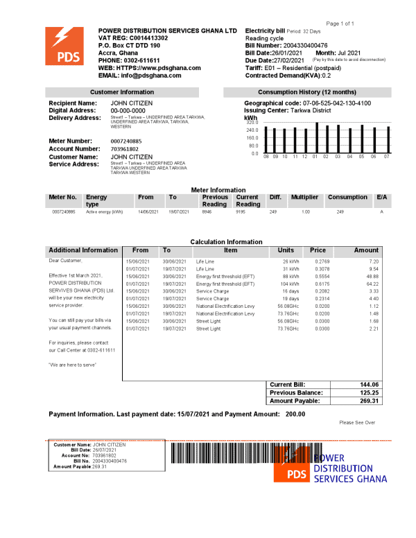 Ghana PDS electricity utility bill template
