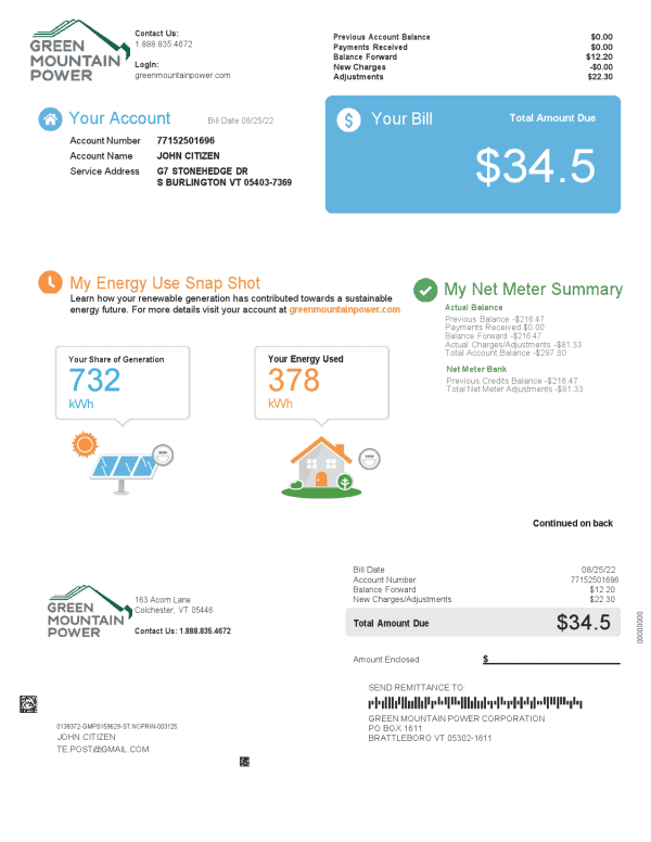 GMP-SampleGroupMemberElecBill.png USA Vermont Green Mountain Power utility bill, Word and PDF template, 2 pages