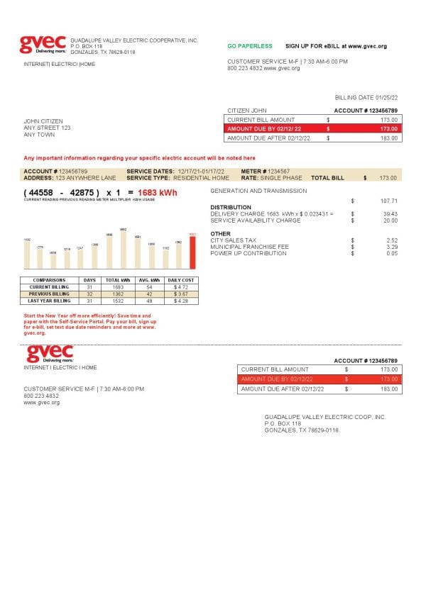 USA Texas GVEC utility bill template in Word and PDF format