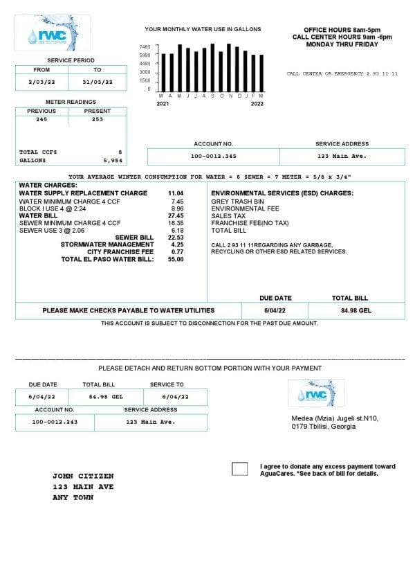 Georgia RWC water bill template in Word and PDF format