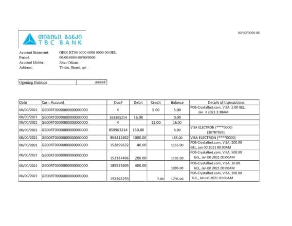 Georgia TBC Bank statement easy to fill template in Excel and PDF format