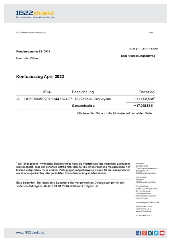 Germany 1822direkt bank statement, Word and PDF template