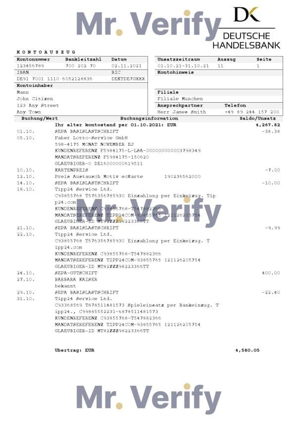 Germany Deutsche Handelsbank AG bank statement template in .doc and .pdf format