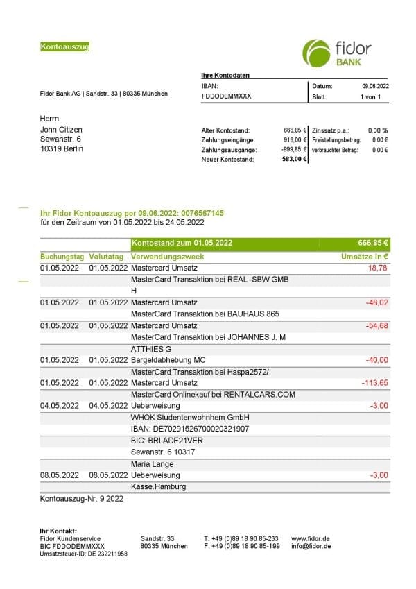 Germany Fidor bank statement, Word and PDF template