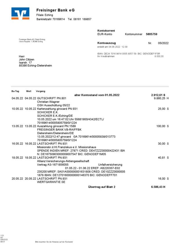 Germany-Freisinger-Bank-eG-bank-statement-Word-and-PDF-template-2-pages-1.jpg Germany Freisinger Bank eG bank statement, Word and PDF template, 2 pages