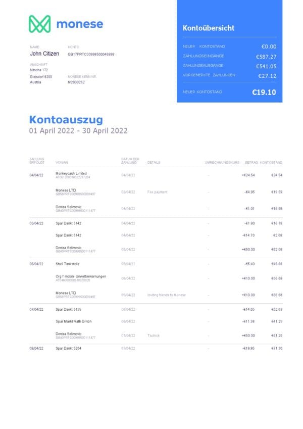 Germany Monese bank statement, Word and PDF template, 3 pages