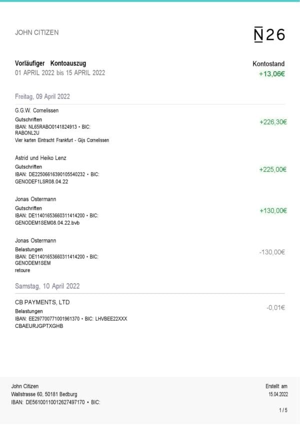 Germany-N26-bank-statement-5-pages_000001.jpg Germany N26 bank statement, Word and PDF template, 5 pages (in German language)
