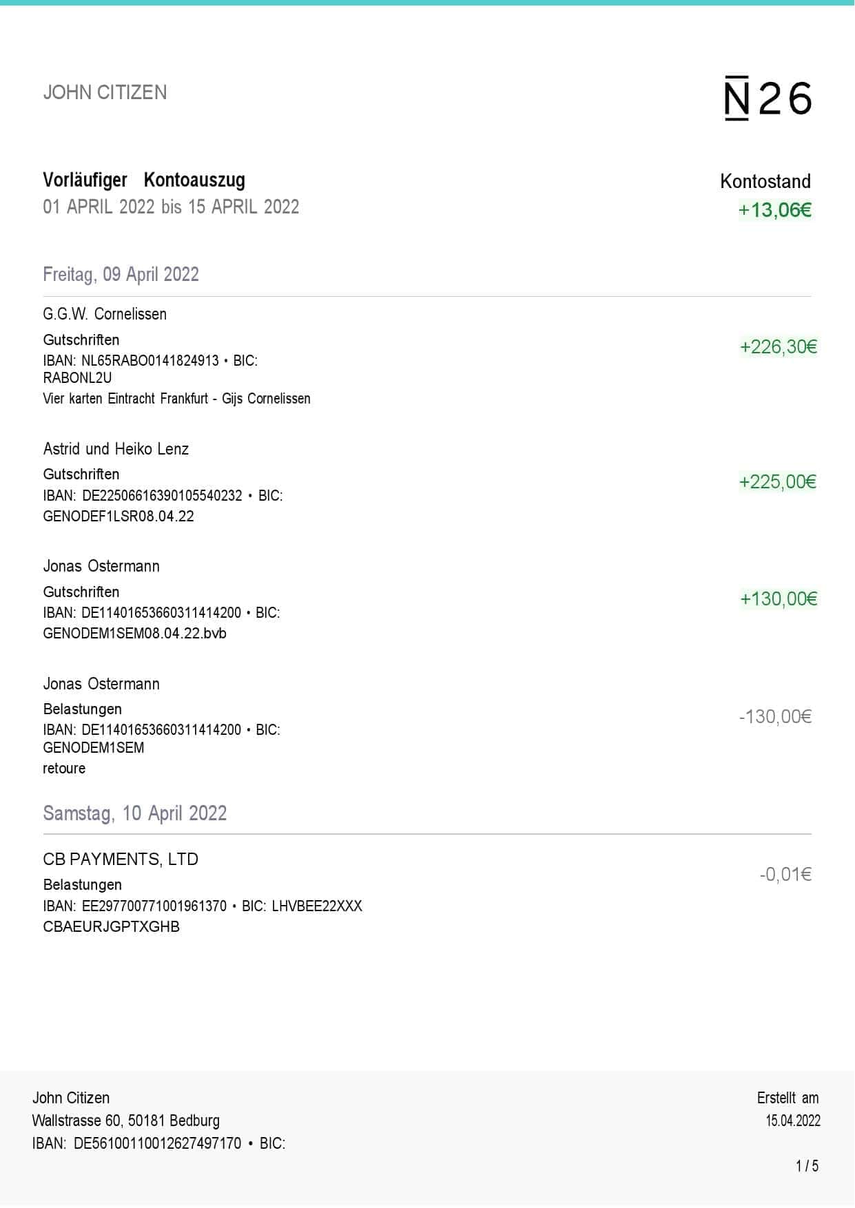 Germany-N26-bank-statement-5-pages_000001.jpg Germany N26 bank statement, Word and PDF template, 5 pages (in German language)