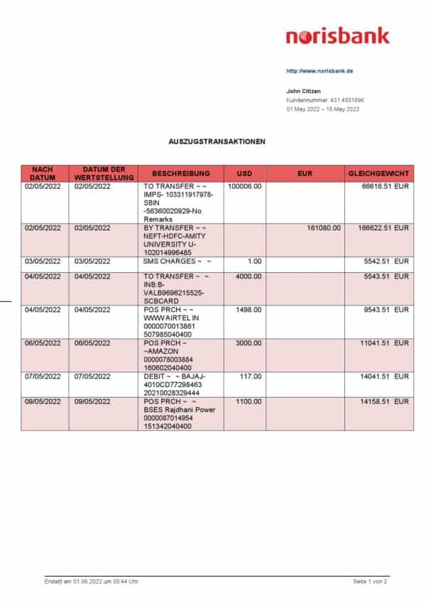 Germany Norisbank bank statement, Word and PDF template, 2 pages