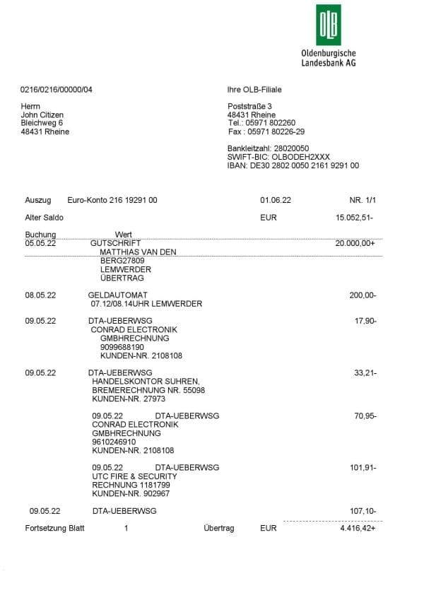 Germany Oldenburgische bank statement, Word and PDF template, 3 pages