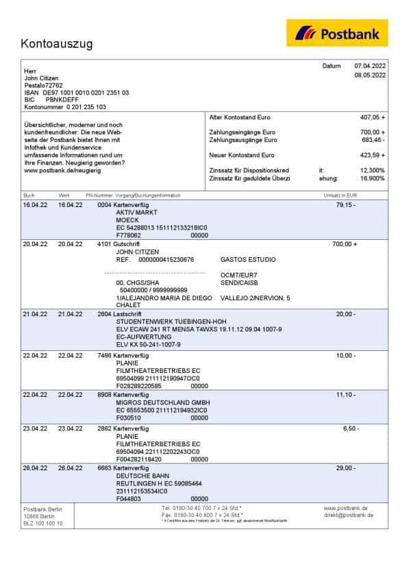Germany-Postbank-bank-statement-Word-and-PDF-template-2-pages-1.jpg Germany Postbank bank statement, Word and PDF template, 2 pages
