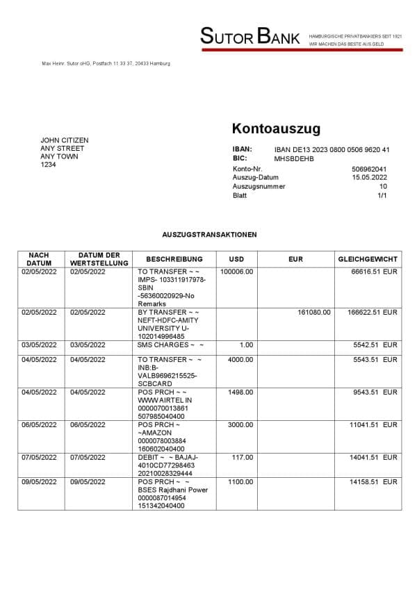 Germany Sutor bank statement, Word and PDF template, 2 pages