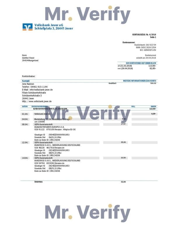 Germany-Volksbank-Jever.jpg Germany Volksbank Jever statement template in Word and PDF format