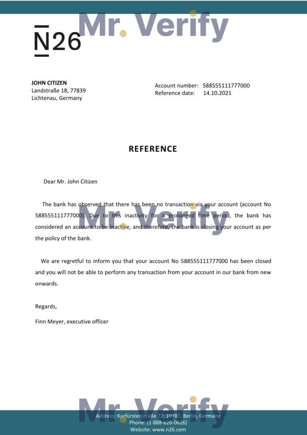 Germany N26 bank account closure reference letter template in Word and PDF format